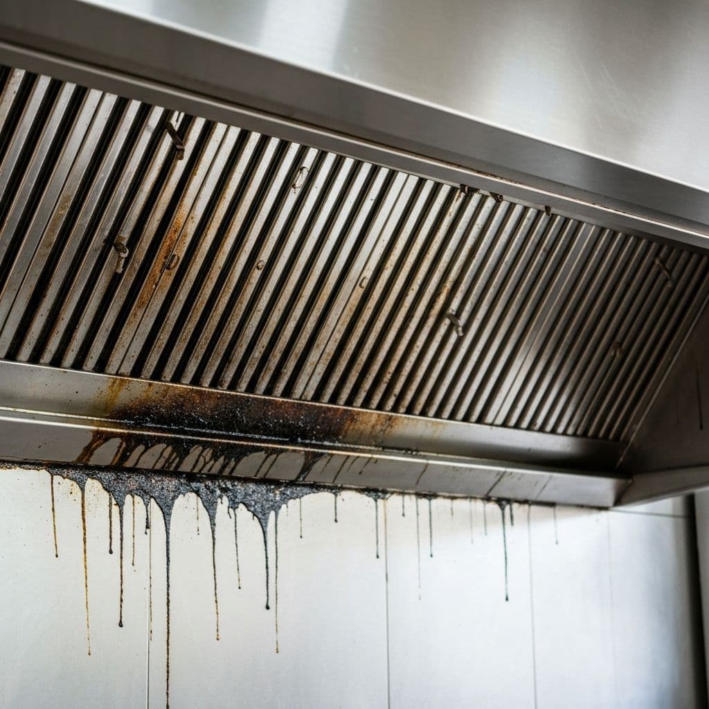 Kitchen hood before professional cleaning - heavy grease buildup