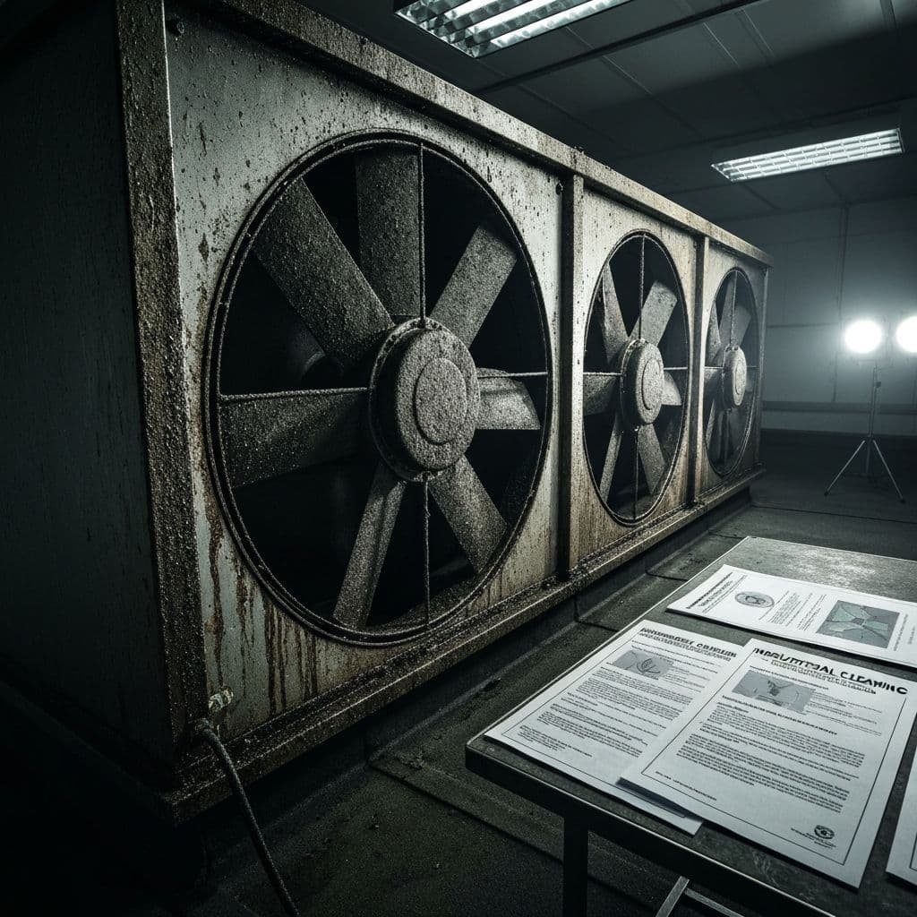Before cleaning: rooftop commercial kitchen exhaust fan in Morgantown, WV with grease on fan components