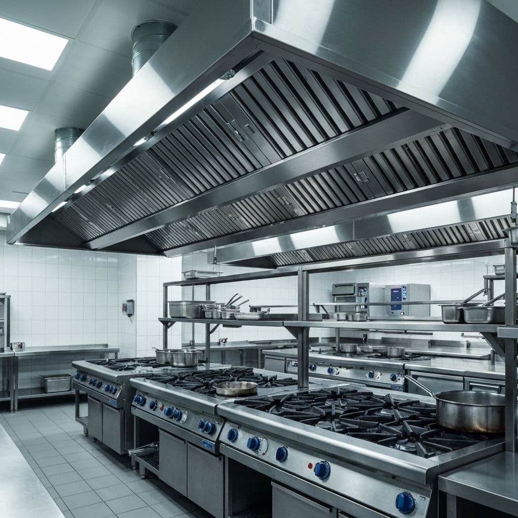 Commercial kitchen exhaust hood and cooking line